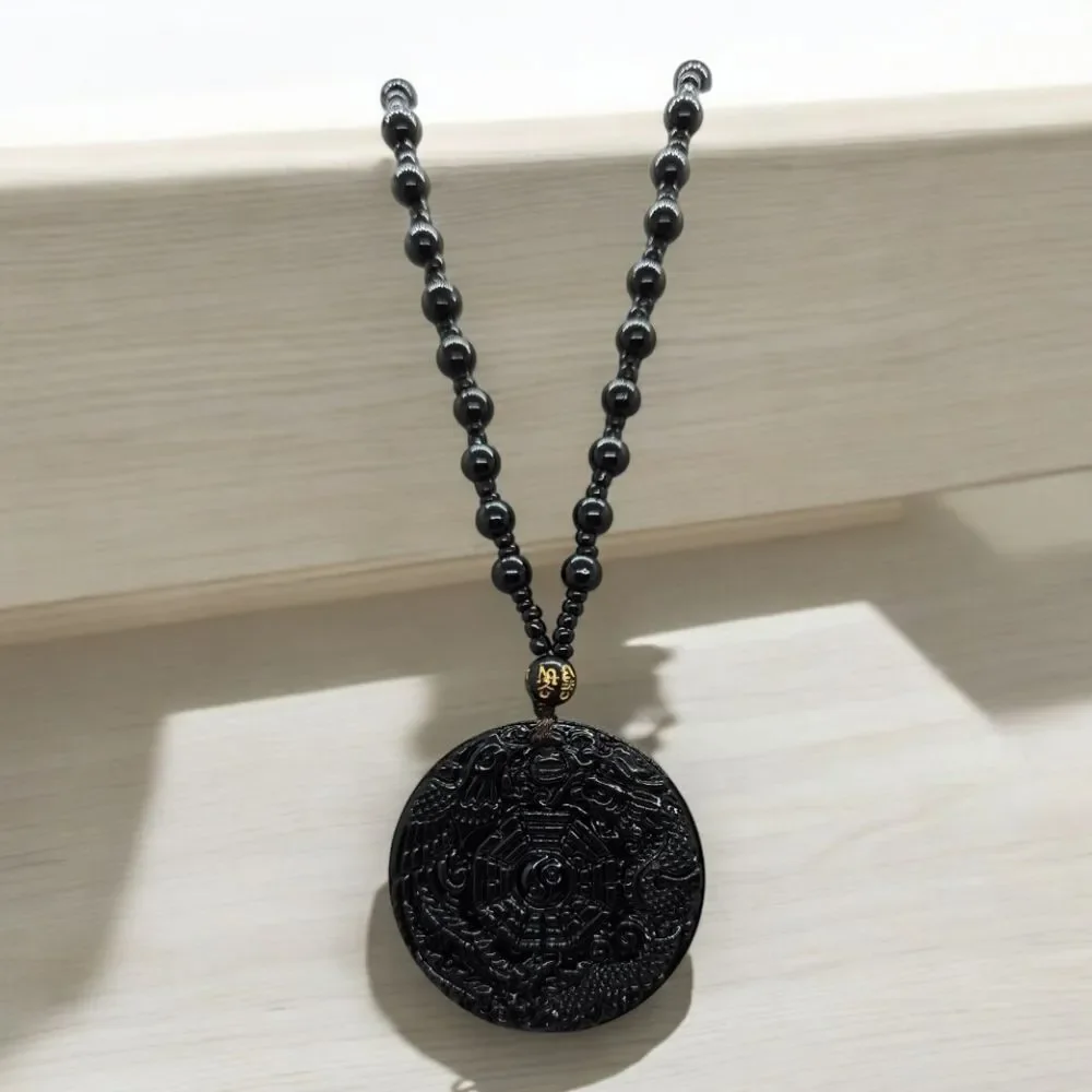 Black Obsidian Dragon Phoenix Pendant Necklace Feng Shui Good Luck Charm Fantasy